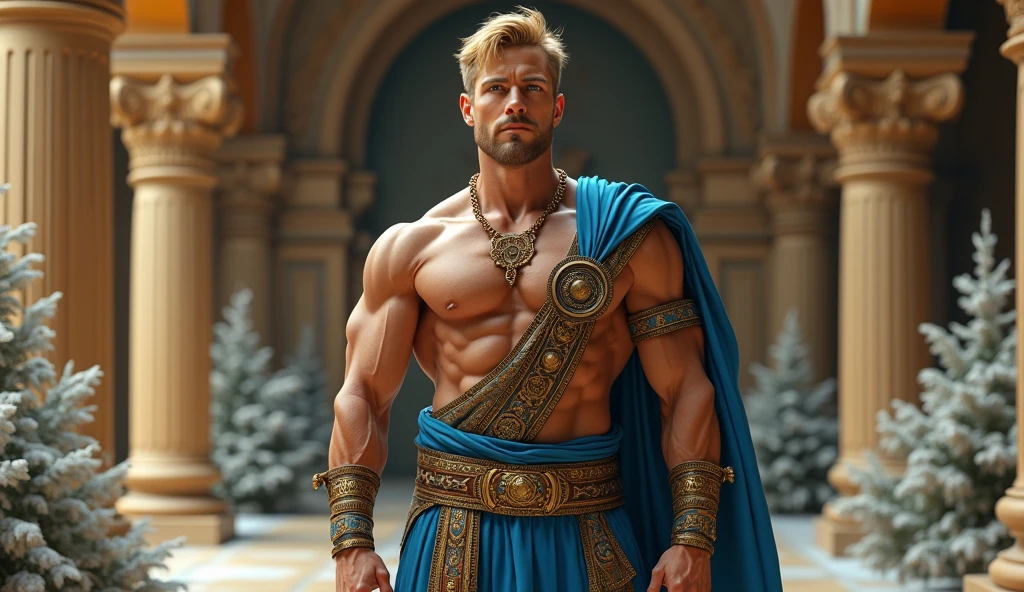 (man:1.5),1 man,male, muscle, 1 chico, muscle, pectoral, muscular, Mature man, 35 years,1 man,macho man,perfect body,an extremely delicate and beautiful detailed face,((by rubio,cute hairstyle,short by rubio)),(((blonde very short beard, blonde very short beard))), (((blue_eyes:1.3))),Intricate eyes,beautiful detailed eyes,symmetrical eyes,perfect face, cute hairstyle,perfect proportions, thick, ((detailed face)),macho man, (male Caucasian Prince),Prince, (((shiny skin:1.5,tanned skin,shiny skin: 1.5,tanned skin,shiny skin,very shiny skin,shiny body))),powerful,heroic,NSFW, Caucasian,elegant, (open to that, arabic fashion,Arab of that, Cowboys,White shirt, Masculine traits, modern style,Arabic clothing),(((blue toga, blue toga suit, wearing a blue toga:1.3,arab blue toga))),(arabic jewelry,Intricate necklace),((bulge in pants)),(((Intricate outfit,Intricate clothes,embellished suit))), (dynamic pose:1.0),ashamed,(centered,Scale to fit dimensions,rule of thirds), inside,interior,((room in a greek temple:1.3,columns of a greek temple:1.3)),scenery:1.25,((Intricate scenery)),((winter decorations)), (Bright winter decorations),High resolution,sharp focus,(ultra detailed,extremely detailed),(photorealistic artwork:1.37),(extremely detailed CG unity 8k wallpaper),(((vibrant colors,vibrant theme))),(Intricate),(masterpiece),(Best Quality),