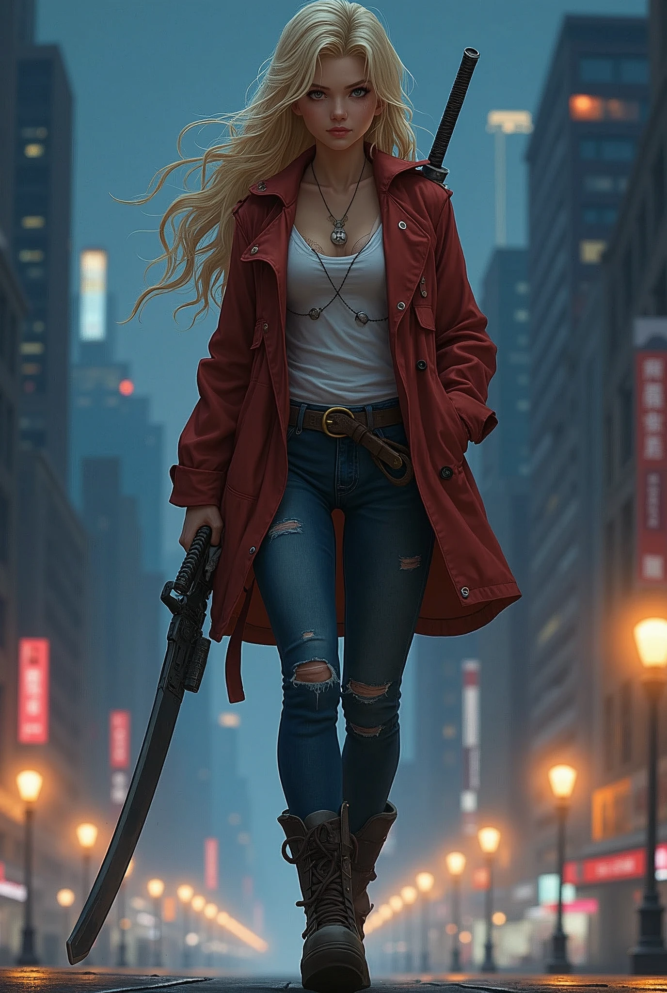 a beautiful blonde girl, chubby, Dressed in comfortable clothes, holding a katana in one hand and a powerful firearm in the other, walking safely with a city with skyscrapers in the background at night.