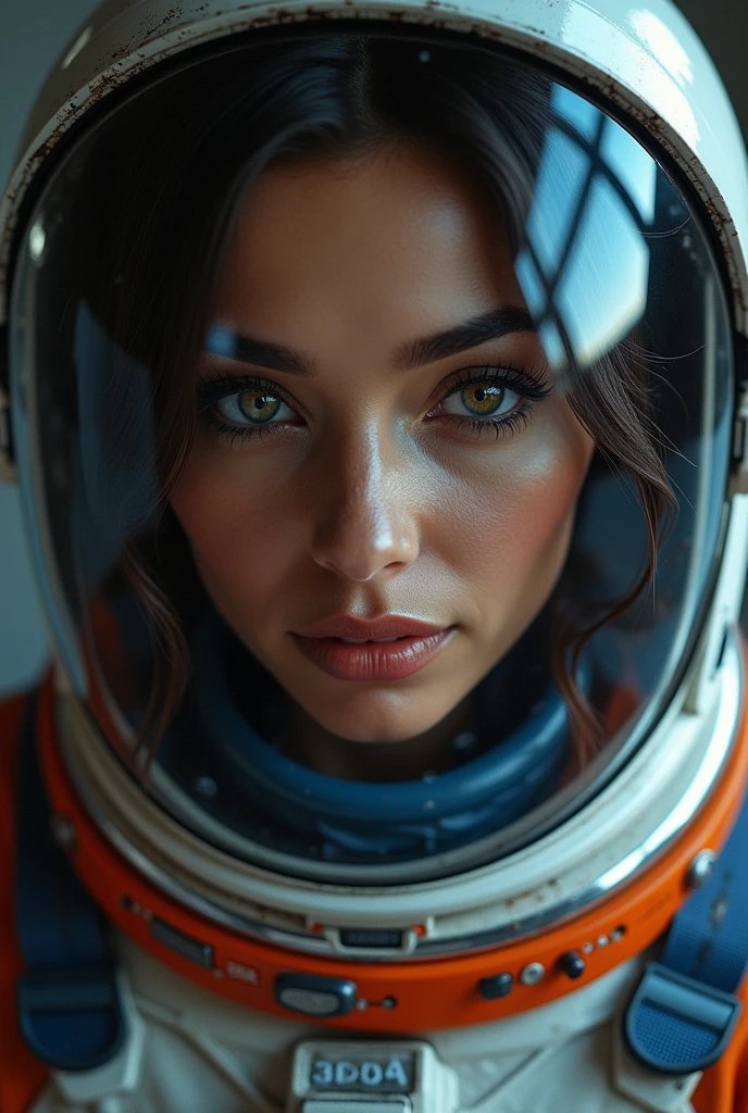 beautiful detailed eyes, beautiful detailed lips, extremely detailed eyes and face, long eyelashes, 1 woman, Arabian Moroccan woman, height 170 cm, weight 70 kg, medium body size, standing, NASA space suit, photorealistic, in other planet, advanced technology, futuristic environment, dramatic lighting, vivid colors, cinematic composition, intricate details, masterpiece, dark, full body view