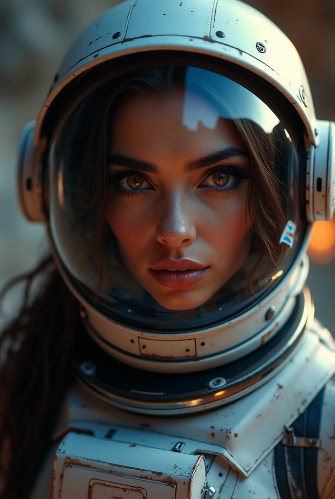 beautiful detailed eyes, beautiful detailed lips, extremely detailed eyes and face, long eyelashes, 1 woman, Arabian Moroccan woman, height 170 cm, weight 70 kg, medium body size, standing, NASA space suit, photorealistic, in other planet, advanced technology, futuristic environment, dramatic lighting, vivid colors, cinematic composition, intricate details, masterpiece, dark, full body view