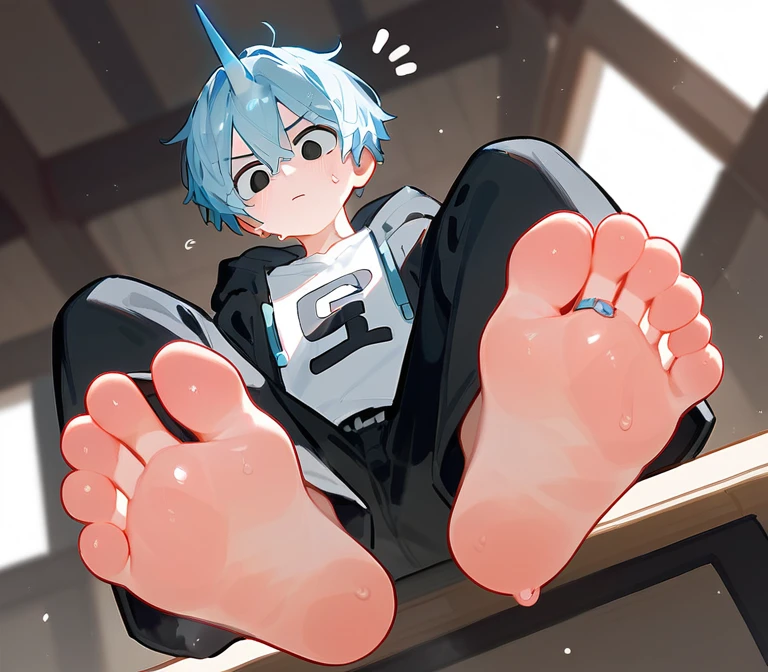 in the room,A cute boy showing his stinky feet low angle,barefoot,Yogurt dripping on the soles of feet,Lots of yogurt on the soles of feet,Curious expression,Sweating on the soles of the feet, Foot Focus,White T-shirt, black hooded jacket, There are bangs between the eyes,short hair,Light blue hair, Black pants, Anatomically correct, There is a single blue horn in the middle of the head, black eyes, Looking at the audience,Confuse,