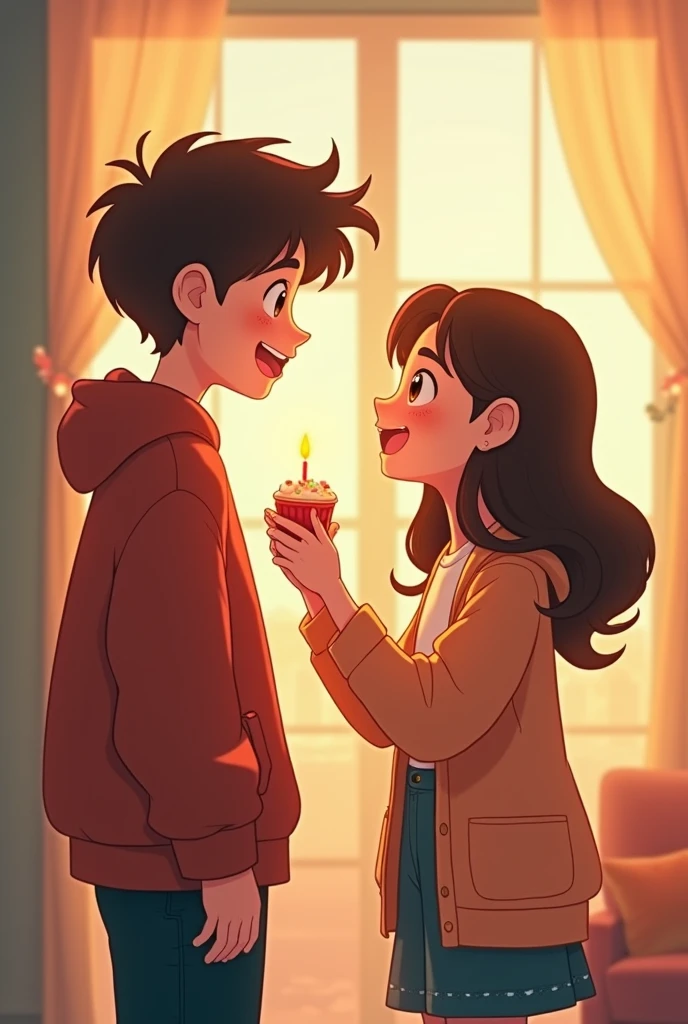 An age girl wishing the birthday to boy best friend and the both boy and girl are so cute and lovable .
The boy is big in height but it is also a teen