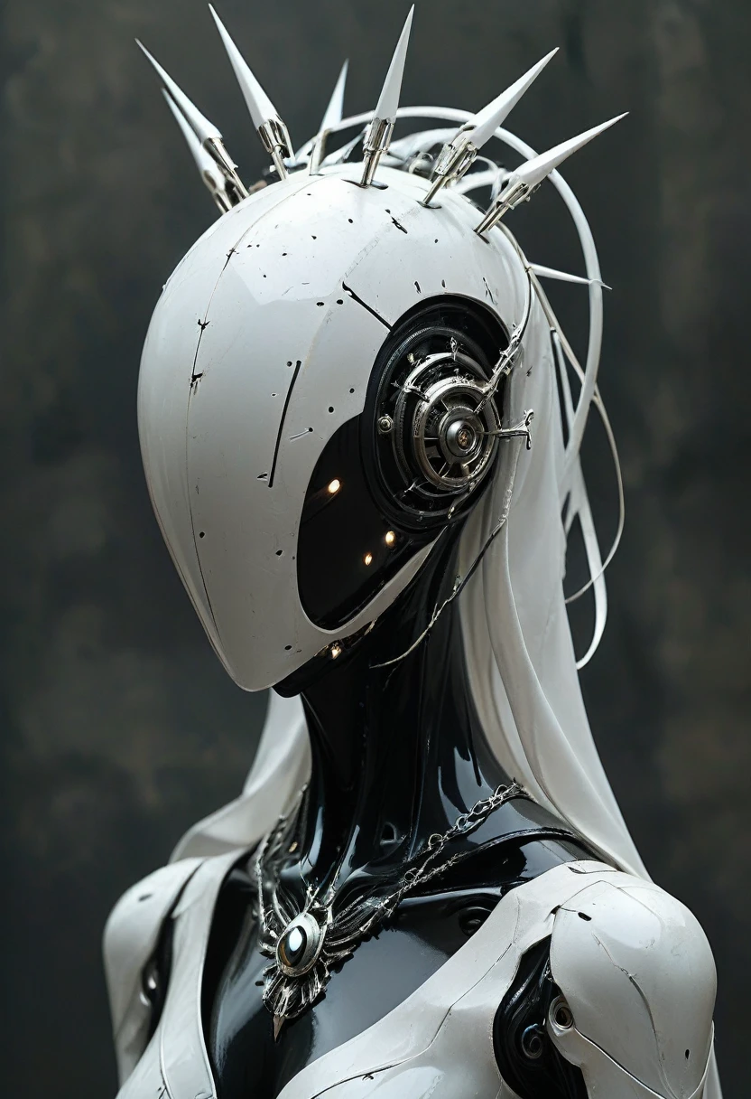 front view of a dark priestess holy cyborg necromancer girl wearing a white veil with a tiara and spiky crown on her head, symmetrical composition, oil painting style artstation concept character design in the style of James Gurney and Greg Rutkowski and Ross Tran, renaissance era ,cyberpunk art,gothic art,trending on Artstation,cgsociety,purism,faceless++ noface++ faceless ,no face ,faceless, featureless, non-anthropomorphized, blank, unmarked, anonymous, indistinct, undefined, vague, impersonal, expressionless, unidentifiable, characterless,formless, amorphous, nondescript, neutral, undifferentiated, abstract, generic, unspecified, uniform, simplistic, non-descript, bare, elemental ,shapeless, unformed, structureless, generalized, basic, unembellished, plain, minimalist, stark, unadorned, unelaborated, unornamented, unembodied,faceless++,bubble helmet,noface , cyborg