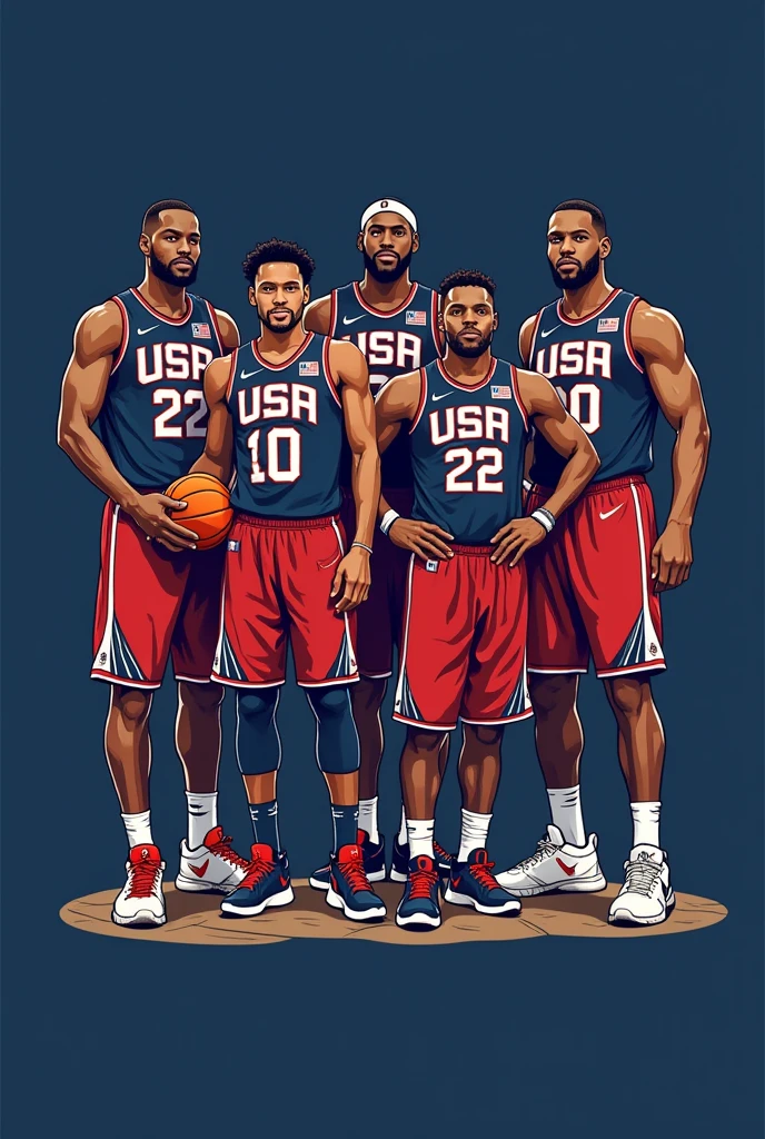 Can you create me a shirt with a single navy blue background?, On the front it has a design by Stephen Curry, Lebron James, Devin Booker, Kevin Durant and Joel Embiid playing together on the same USA team in comic style.