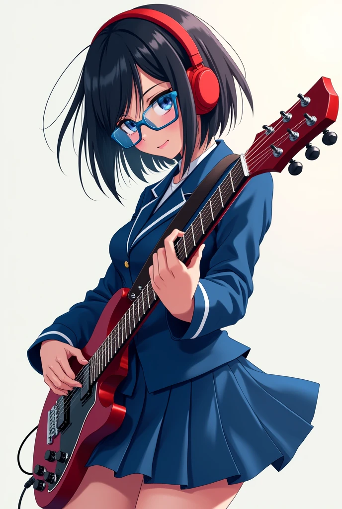 Dark short hair anime girl, with black glasses , with blue school uniform and red headphones, playing a guitar