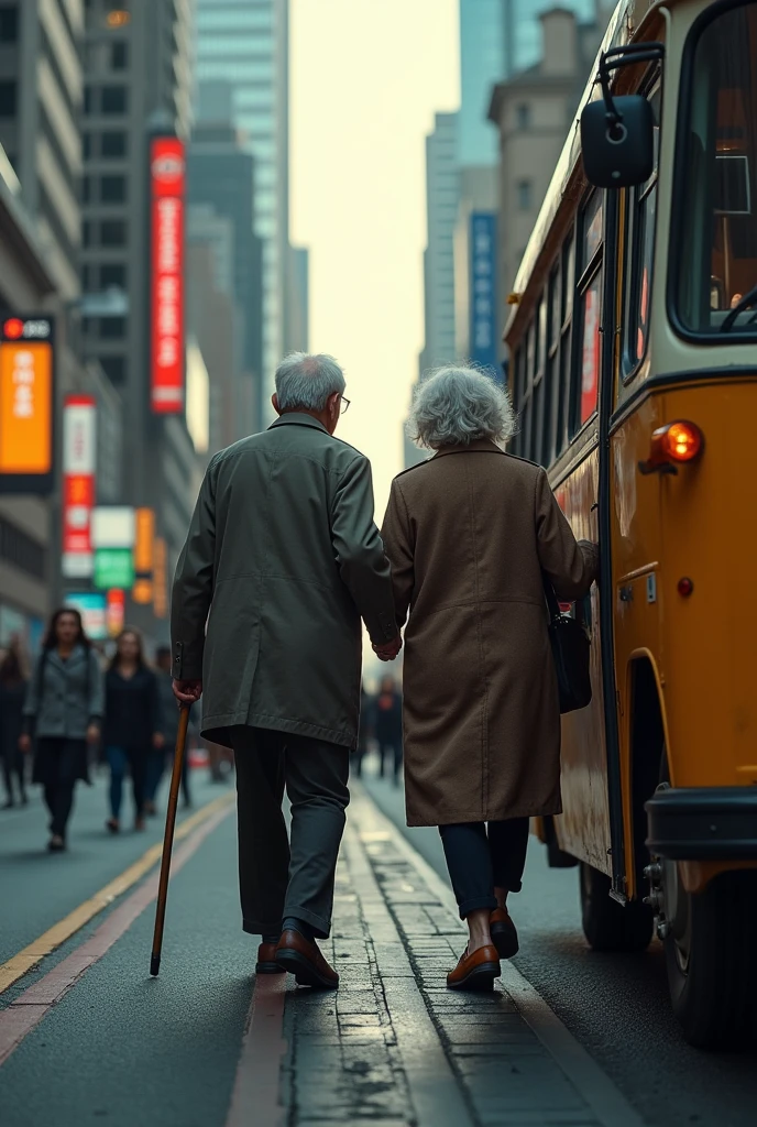 The elderly couple gets off the minibus that arrived in the city