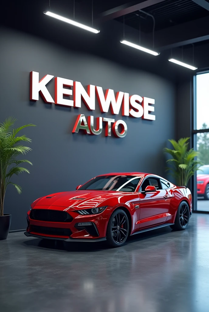 Create a beautiful and realistic large wall 3D logo for a digital car dealership brand , with name KENWISE AUTO
