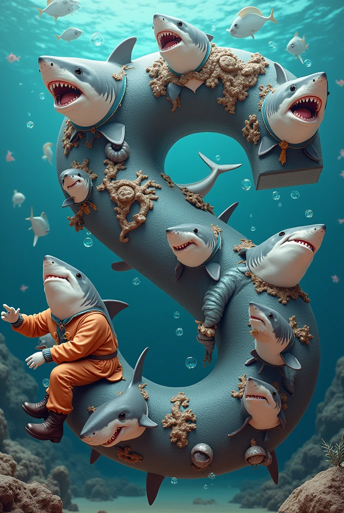 A letter I filled with sharks dressed in different ways
