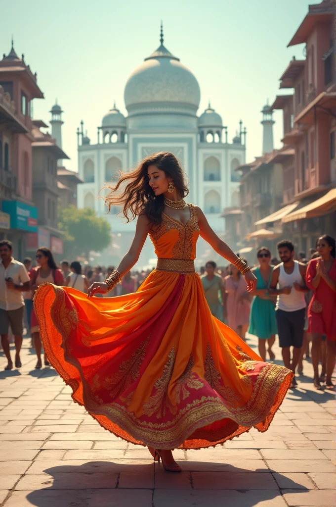 One preety girl dancing on the road and some people are claps for her and near by Taj Mahal 