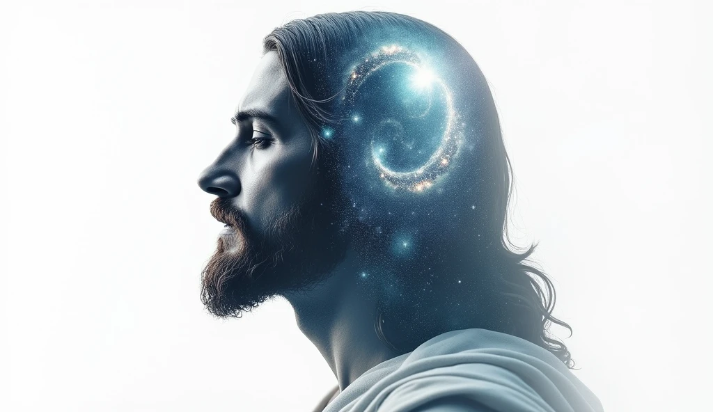 Super sharp photo (((a captivating Double Exposure image, mixing the profile of Jesus Christ and the Galaxy))) :  a friendly Jesus Christ should serve as a backdrop, with the details of the galaxy subtly incorporated into its contours  : white background : Laurence Winram