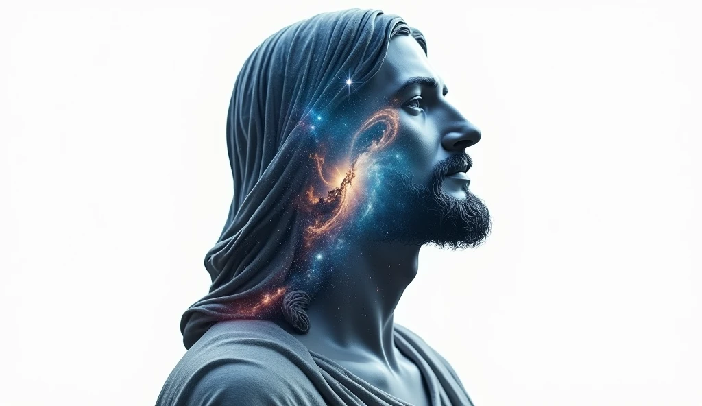 Super sharp photo (((a captivating Double Exposure image, mixing the profile of Jesus Christ and the Galaxy))) : a friendly Jesus Christ should serve as a backdrop, with the details of the galaxy subtly incorporated into its contours : white background : Laurence Winram