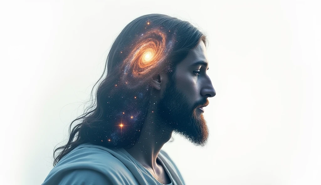 Super sharp photo (((a captivating Double Exposure image, mixing the profile of Jesus Christ and the Galaxy))) :  a friendly Jesus Christ should serve as a backdrop, with the details of the galaxy subtly incorporated into its contours  : white background : Laurence Winram