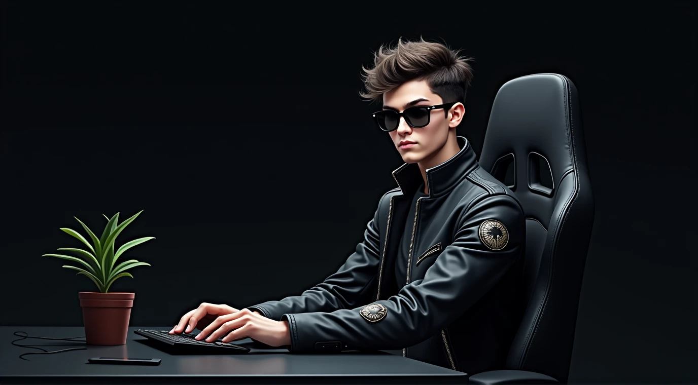 Create a digital artwork of a young man sitting at a desk, wearing a black leather jacket with futuristic patches and sunglasses. The character has a stylish, tousled hairstyle, and is sitting in a gaming chair with a dark background. On the desk in front of him is a small potted plant with green leaves. The overall scene has a sleek, modern, and slightly mysterious atmosphere, with a focus on a cool, tech-savvy vibe."