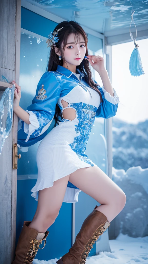Beautiful woman wearing a blue mini dress with decorations on the shirt and visible shoulders and wearing boots and being photographed with a And was in the snow house holding the flying water background, Korean style swag, beautiful face so gorgeous, Beautiful eyes, y2k style, FULL HD, HIGH QUALITY