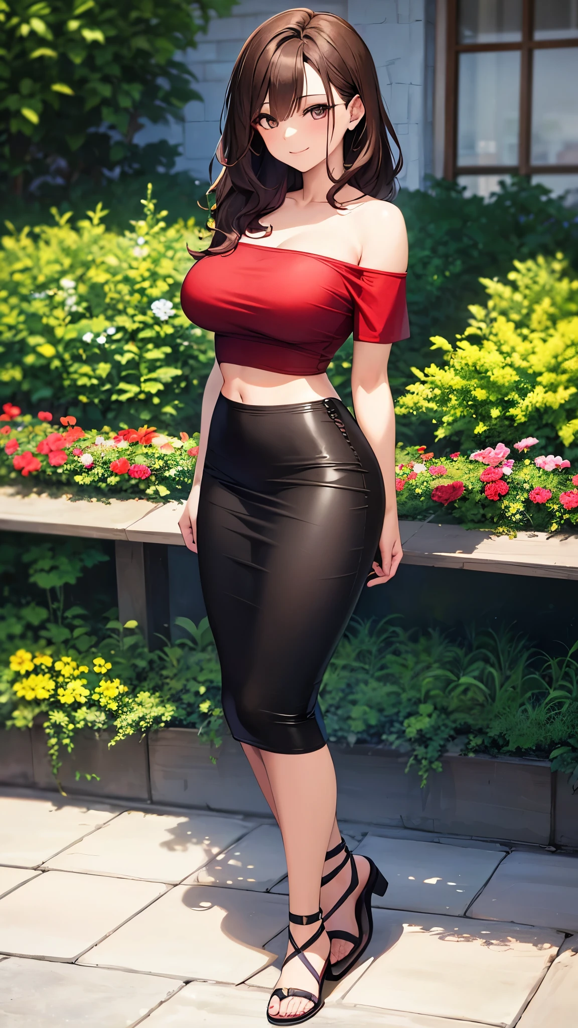 masterpiece, best quality, high detail, beautiful woman, wavy hair, dark brown hair, large bust, red t-shirt, off-shoulder shirt, black maxi pencil skirt, tight pencil skirt, midriff, upper body, hips, hip bones, sandals, looking at viewer, light smile, garden, backyard,