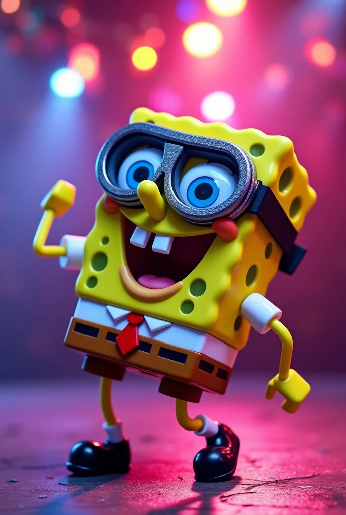 Spongebob Squarepants dancing, He wears large ski goggles in a discotheque, ultra quality, Very detailed, spotlight