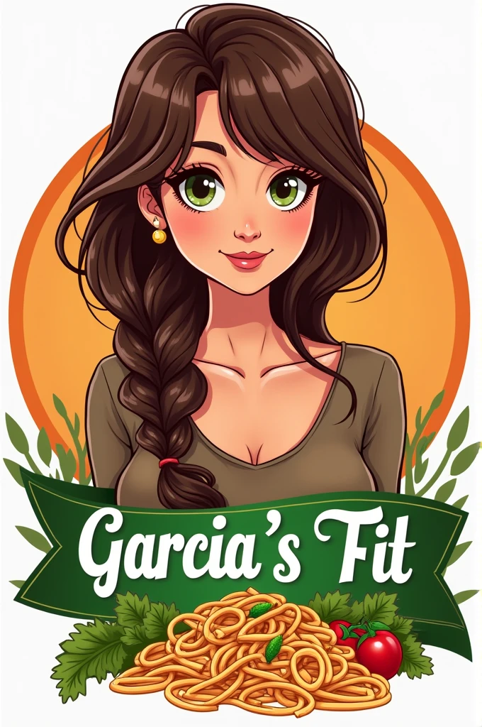 create an eye-catching and impactful realistic logo written on the logo (Garcia's Fit) That included a brunette girl in the image, vegetables, salad, pasta...!