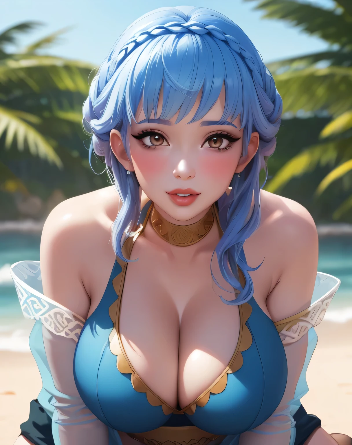 mariannebikini, crown braid, see-through, blue bikini, sarong, messy hair 2.0, gold trim, (masterpiece, best quality, ultra-detailed), realistic style, very close up shot 2.0, beach 2.0, looking at viewer 2.0, perfect eyes 2.0, blushing, upper body shot 2.0, very close up shot 2.0, upper body shot 2.0, very close up shot 2.0, cute nose, very sexy smile 2.0, very luscious lips 2.0, very heavy eyeshadow 2.0, very heavy makeup 2.0, round face, very thick lips 2.0, very glossy lips 2.0, very pouty lips 2.0, shiny skin, lustrous skin 2.0, plump lips 2.0, very sexy 2.0, very flirty 2.0, very pretty 2.0, very beautiful 2.0, upper body shot, very close up shot 2.0, facing viewer 2.0, looking at viewer 2.0, very sexy smile 2.0, very luscious lips 2.0, very heavy eyeshadow 2.0, very heavy makeup 2.0, round face, very thick lips 2.0, very glossy lips 2.0, very pouty lips 2.0, shiny skin, lustrous skin 2.0, plump lips 2.0, very sexy 2.0, very flirty 2.0, very pretty 2.0, very beautiful 2.0, very close up shot 2.0, upper body shot 2.0, very close up shot 2.0, very heavy eyeshadow 2.0, very heavy makeup 2.0, very thick lips 2.0, very glossy lips 2.0, very pouty lips 2.0, shiny skin, lustrous skin 2.0, plump lips 2.0, very sexy 2.0, very flirty 2.0, very pretty 2.0, very beautiful 2.0, very close up shot 2.0, upper body shot 2.0, very close up shot 2.0, facing viewer 2.0, very close up shot 2.0, facing viewer 2.0, upper body shot 2.0, facing viewer 2.0, very close up shot 2.0, very sexy 2.0, very sexy 2.0, upper body shot 2.0, very close up shot 2.0, very bimbo 2.0, very bimbo 2.0, very bimbo 2.0, very bimbo 2.0, very bimbo 2.0, very bimbo 2.0, very huge breasts 2.0, very huge breasts 2.0, very bimbo 2.0, very shy 2.0, very huge breasts 2.0, very deep cleavage 2.0, very deep cleavage 2.0, very deep cleavage 2.0, bare shoulders 2.0, facing viewer 2.0, straight ahead shot, very huge breasts 2.0, very deep cleavage 2.0, crawling 2.0, on all fours 2.0, facing viewer 2.0,