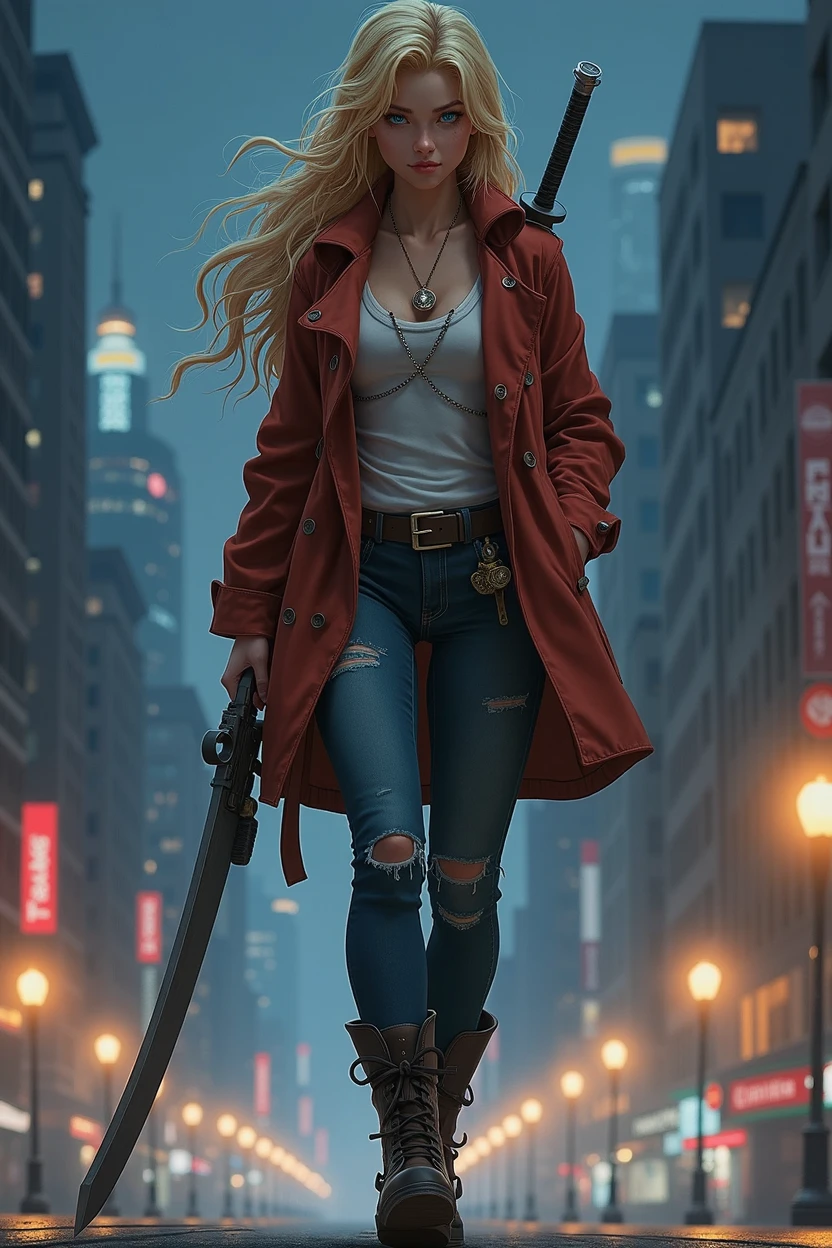 a beautiful blonde girl, chubby, Dressed in comfortable clothes, holding a katana in one hand and a powerful firearm in the other, walking safely with a city with skyscrapers in the background at night.