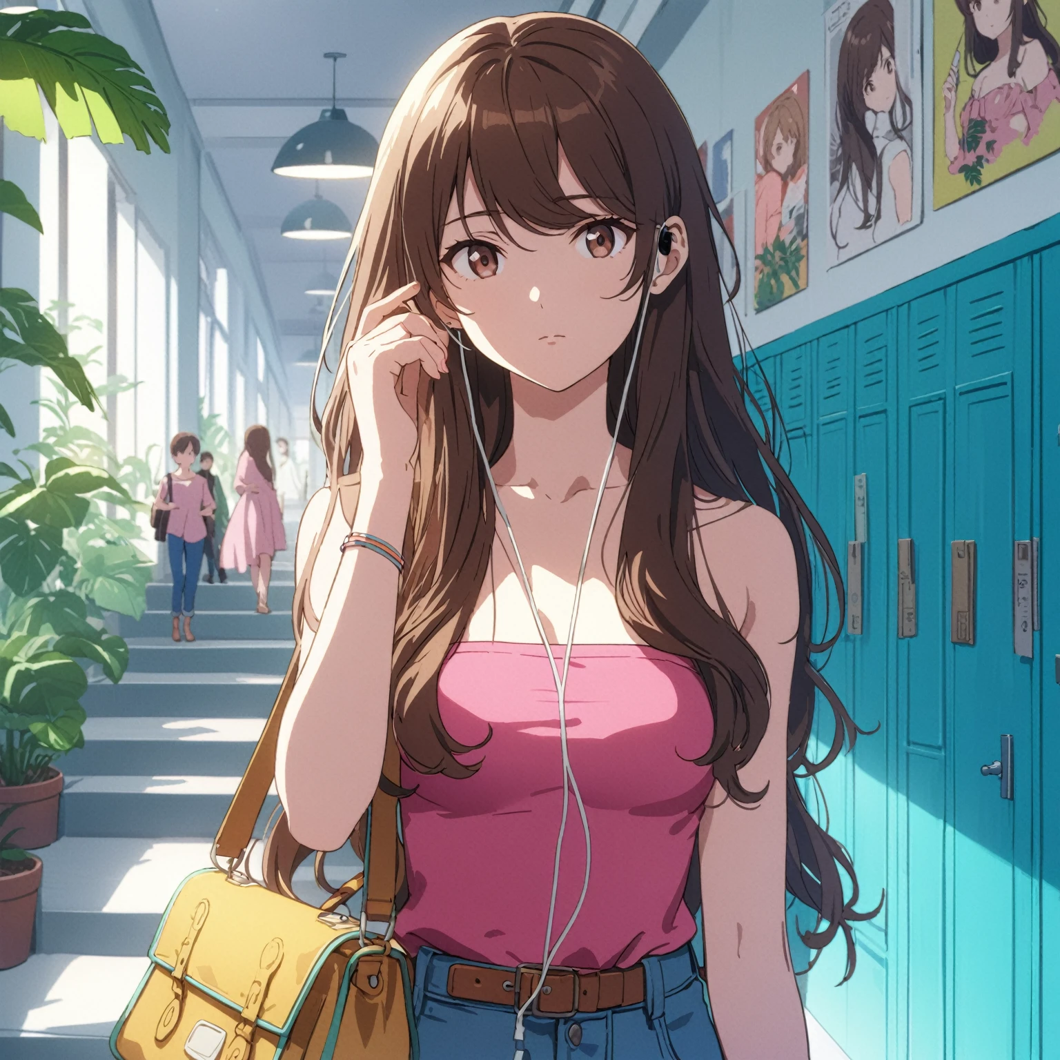 Best quality, masterpiece, young woman listening to music, looking to the side, stoic, very long hair, brown hair, (((swept bangs))), brown eyes, strapless pink shirt, jeans, satchel, anime cartoon, tropical plants, hallway, steps, teal lockers, potted plant, posters, people in background,