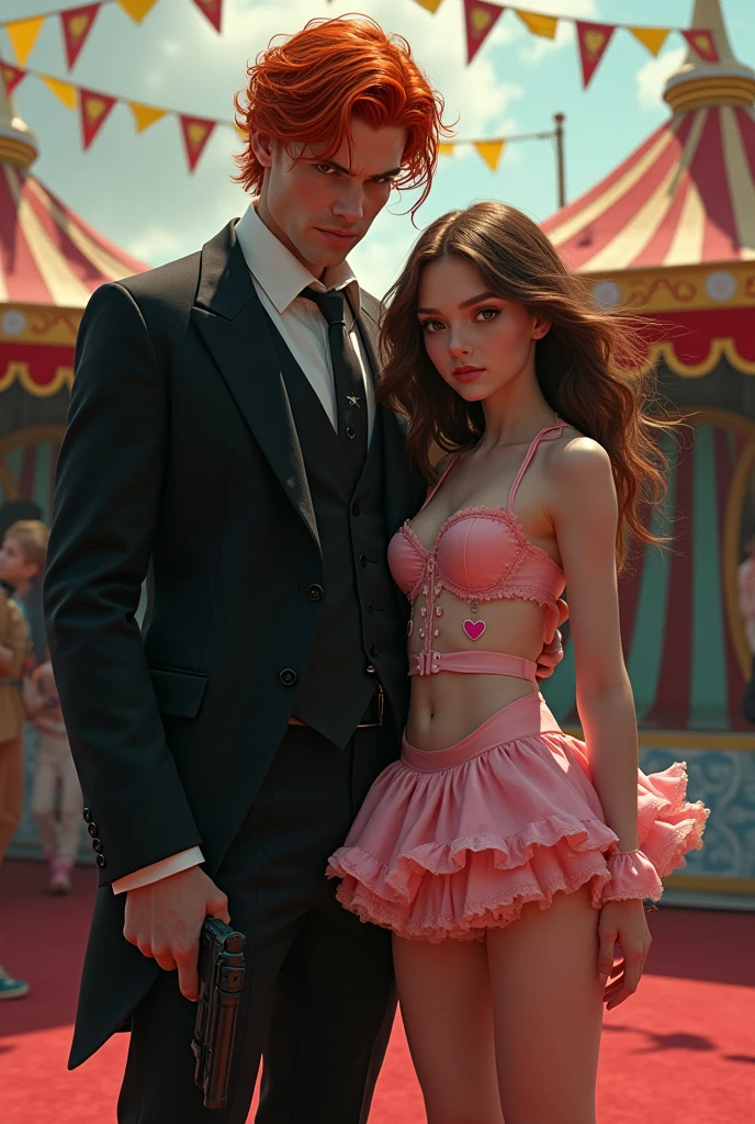 Jerome Valeska in a circus with a black gun,and a girl next to him about ,with a pastel pink skirt and a top with two hearts in the same color as the skirt with ruffles,that looks like she&#39;s a circus acrobat,with brown hair,that jerome valeska is red