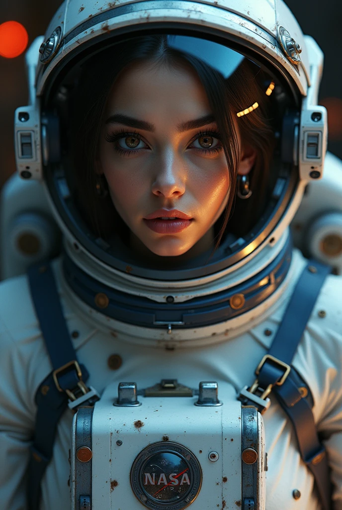 beautiful detailed eyes, beautiful detailed lips, extremely detailed eyes and face, long eyelashes, 1 woman, Arabian Moroccan woman, height 170 cm, weight 70 kg, medium body size, standing, NASA space suit, photorealistic, in other planet, advanced technology, futuristic environment, dramatic lighting, vivid colors, cinematic composition, intricate details, masterpiece, dark, full body view