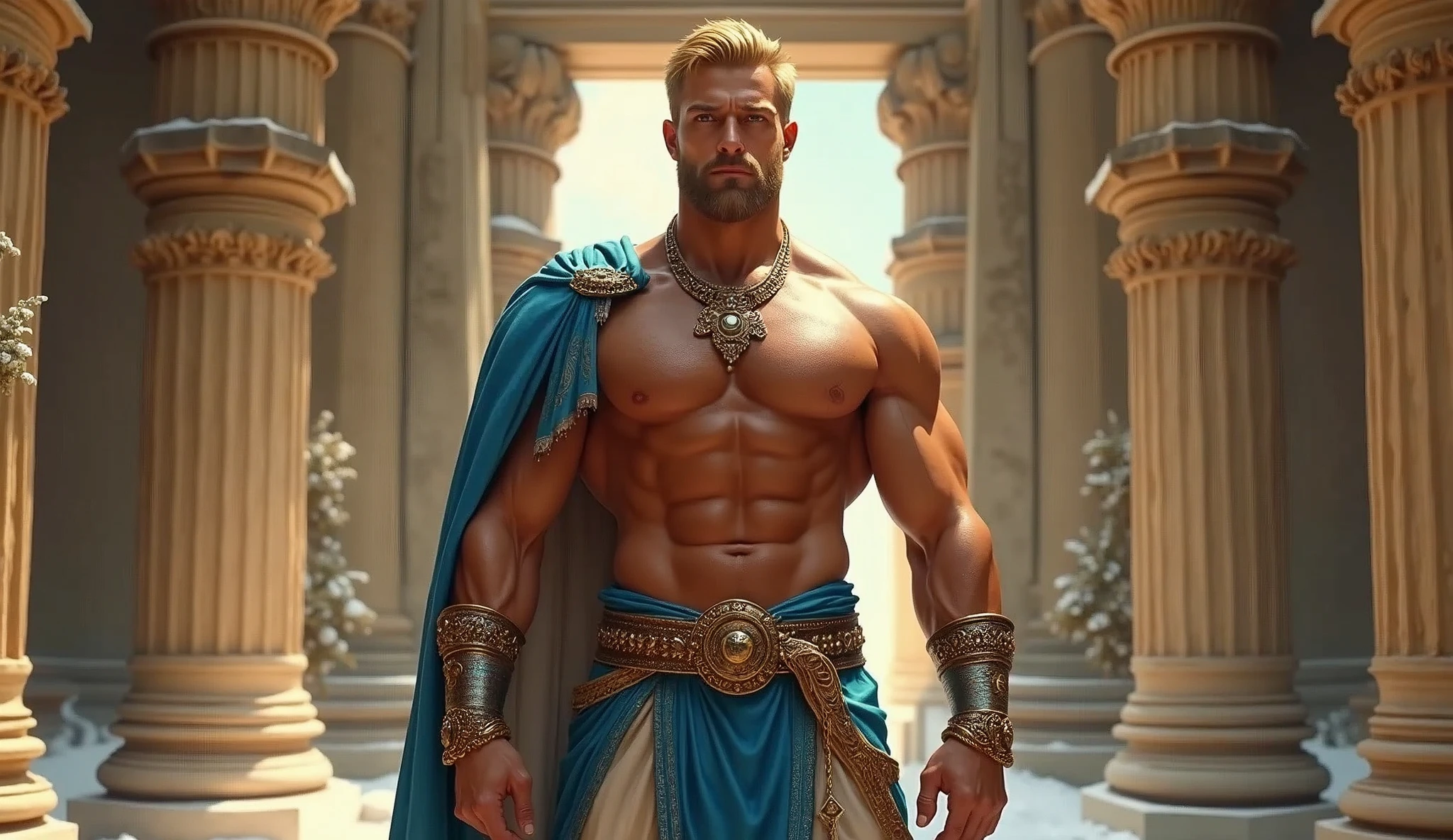 (man:1.5),1 man,male, muscle, 1 chico, muscle, pectoral, muscular, Mature man, 35 years,1 man,macho man,perfect body,an extremely delicate and beautiful detailed face,((by rubio,cute hairstyle,short by rubio)),(((blonde very short beard, blonde very short beard))), (((blue_eyes:1.3))),Intricate eyes,beautiful detailed eyes,symmetrical eyes,perfect face, cute hairstyle,perfect proportions, thick, ((detailed face)),macho man, (male Caucasian Prince),Prince, (((shiny skin:1.5,tanned skin,shiny skin: 1.5,tanned skin,shiny skin,very shiny skin,shiny body))),powerful,heroic,NSFW, Caucasian,elegant, (open to that, arabic fashion,Arab of that, Cowboys,White shirt, Masculine traits, modern style,Arabic clothing),(((blue toga, blue toga suit, wearing a blue toga:1.3,arab blue toga))),(arabic jewelry,Intricate necklace),((bulge in pants)),(((Intricate outfit,Intricate clothes,embellished suit))), (dynamic pose:1.0),ashamed,(centered,Scale to fit dimensions,rule of thirds), inside,interior,((room in a greek temple:1.3,columns of a greek temple:1.3)),scenery:1.25,((Intricate scenery)),((winter decorations)), (Bright winter decorations),High resolution,sharp focus,(ultra detailed,extremely detailed),(photorealistic artwork:1.37),(extremely detailed CG unity 8k wallpaper),(((vibrant colors,vibrant theme))),(Intricate),(masterpiece),(Best Quality),