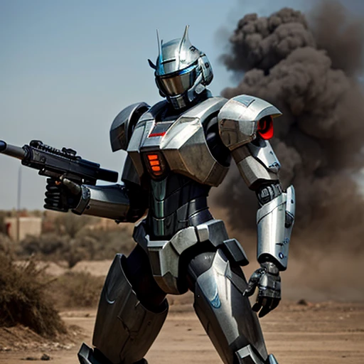 A mecha android armored suit posing at the battlefield armed with an assault rifle she has a state of art helmet