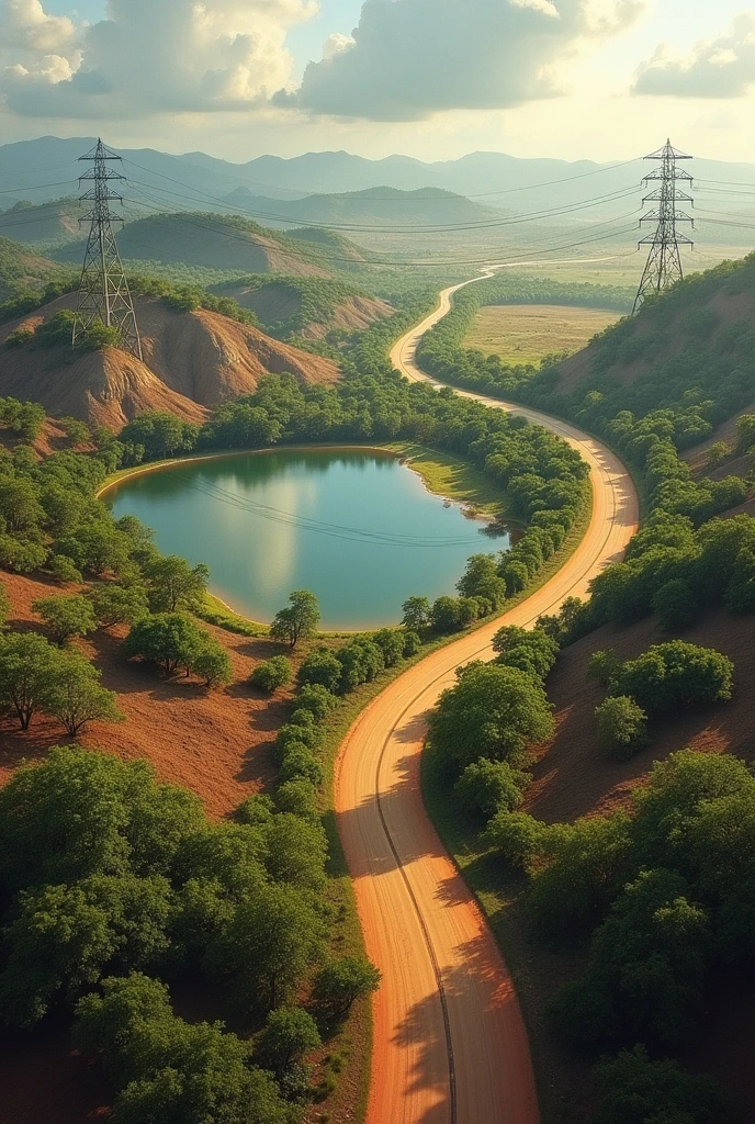 three cities connected by roads in the Brazilian savannah. the first city is shaped like a horseshoe and has a round lake in the middle. the first city is connected to the second city by means of electrical wires and towers and a small road. the second city is very small, around a hydroelectric plant.  the third city is the city of the poor and is in the desert. 