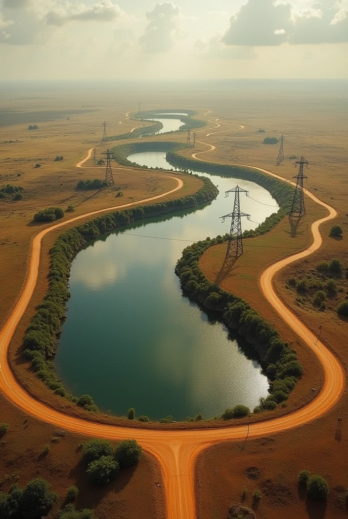 three cities connected by roads in the Brazilian savannah. the first city is shaped like a horseshoe and has a round lake in the middle. the first city is connected to the second city by means of electrical wires and towers and a small road. the second city is very small, around a hydroelectric plant. the third city is the city of the poor and is in the desert.