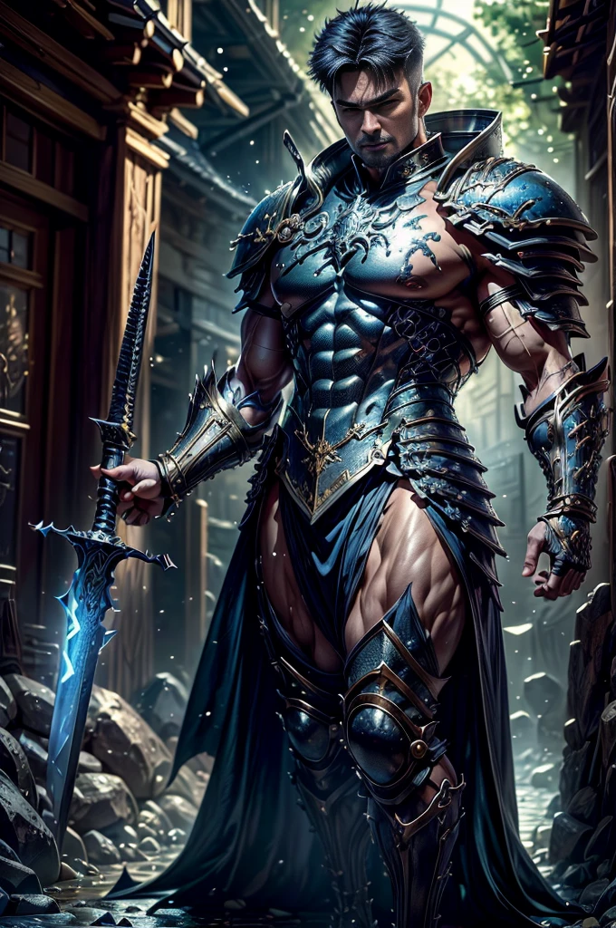 Boys in 8K resolution(full body esbian:1.3)shot、splash art、Great cartoon style、A realistic and young male figure、Anatomically realistic digital painting(to show:1.3)Portrait of a young man(to show:1.3)blue and white complex(Heavily armed:1.3)And white short hair(A dark and moody universe:1.3)、black clothes,light particles、highly detailed skin、Demon Slayer、very detailed eyes、 (Elden Ring Style:1.1)、(warhammer style:1.3)、Concept Artist、World Lighting、depth of field、splash art、Works of art:art manure、Greg Rutkowski(Greg Rutkowsky)、Victoria Gavrilenko,He has a very big sword.