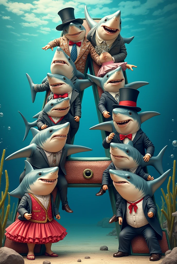 A letter A filled with sharks dressed in different ways
