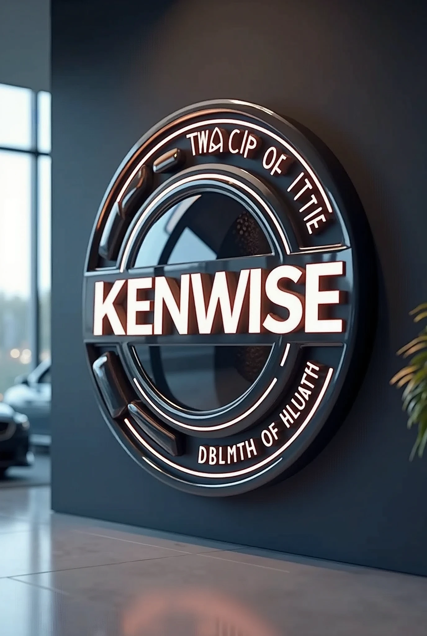 Create a beautiful and realistic large wall 3D logo for a digital car dealership brand , with name KENWISE AUTO