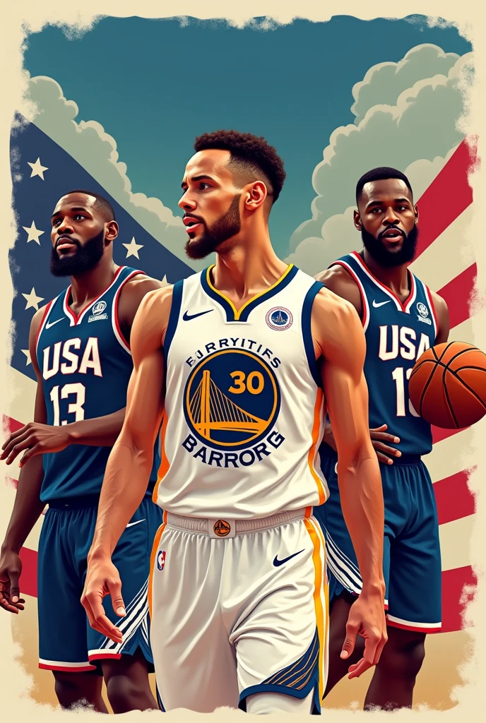 Can you create me a Stephen Curry design?, Lebron James, Devin Booker, Kevin Durant and Joel Embiid playing together on the same USA team in comic style.