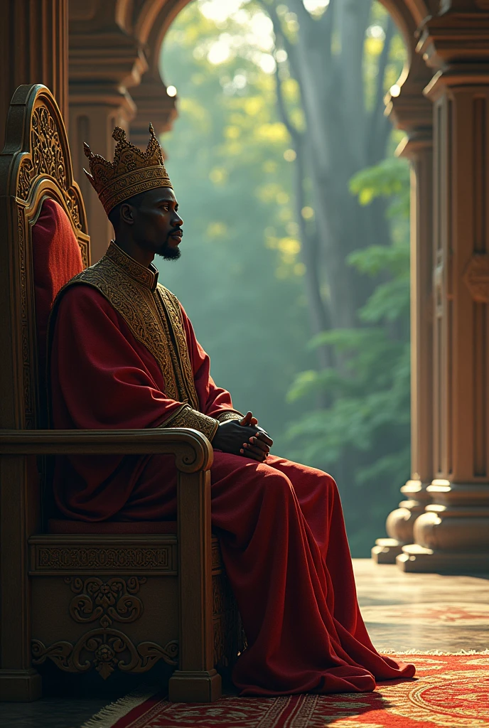 An African king sitting on a throne, regardant avec inquiétude vers la forêt où réside Ekun Adé.