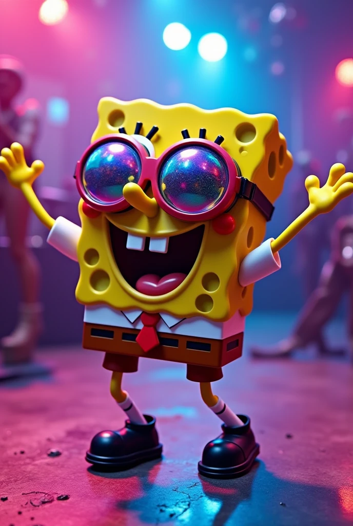 Spongebob Squarepants dancing, He wears large ski goggles with mirrored lenses in a discotheque, ultra quality, Very detailed, spotlight