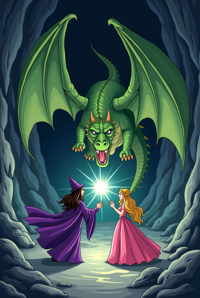 A scene in a cave with an evil witch in a purple dress and black hair casting a spell on a brown-haired prince and a blonde-haired princess in a pink dress, but there is a green dragon that opened its beautiful wings to protect the couple from the spell.  Black and white image style, cartoonized minimalist, hand drawing line,  for coloring 