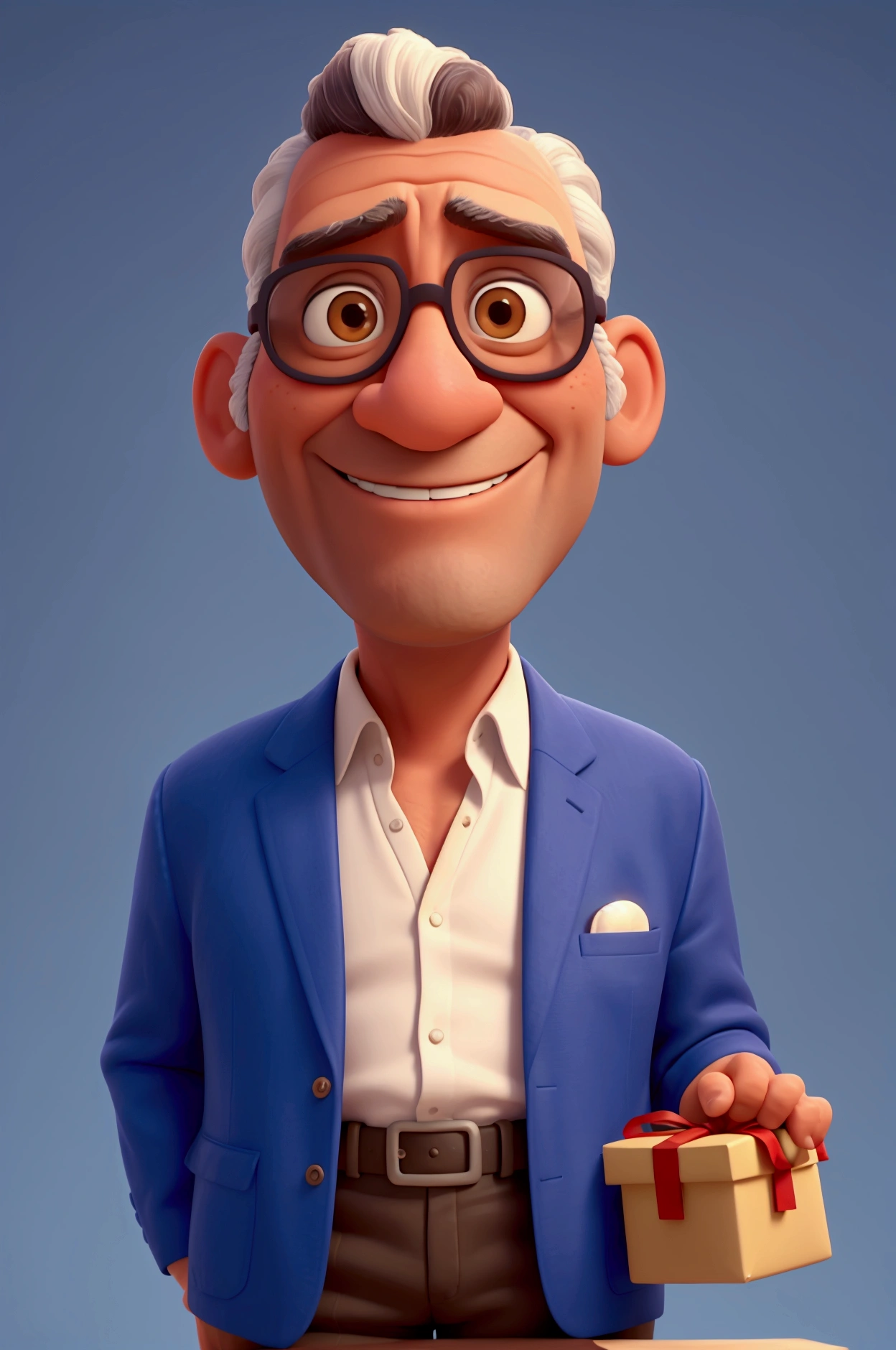Create a Pixar-Style Poster with a 50-Year-Old Man, dark-skinned, wearing glasses, with white smile, blue blazer, holding a gift
