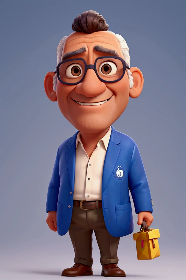 Create a Pixar-Style Poster with a 50-Year-Old Man, dark-skinned, wearing glasses, with white smile, blue blazer, holding a gift
