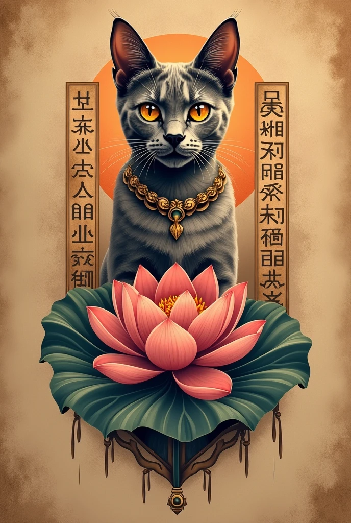 Tattoo of a lotus flower and a lead Egyptian Mau cat