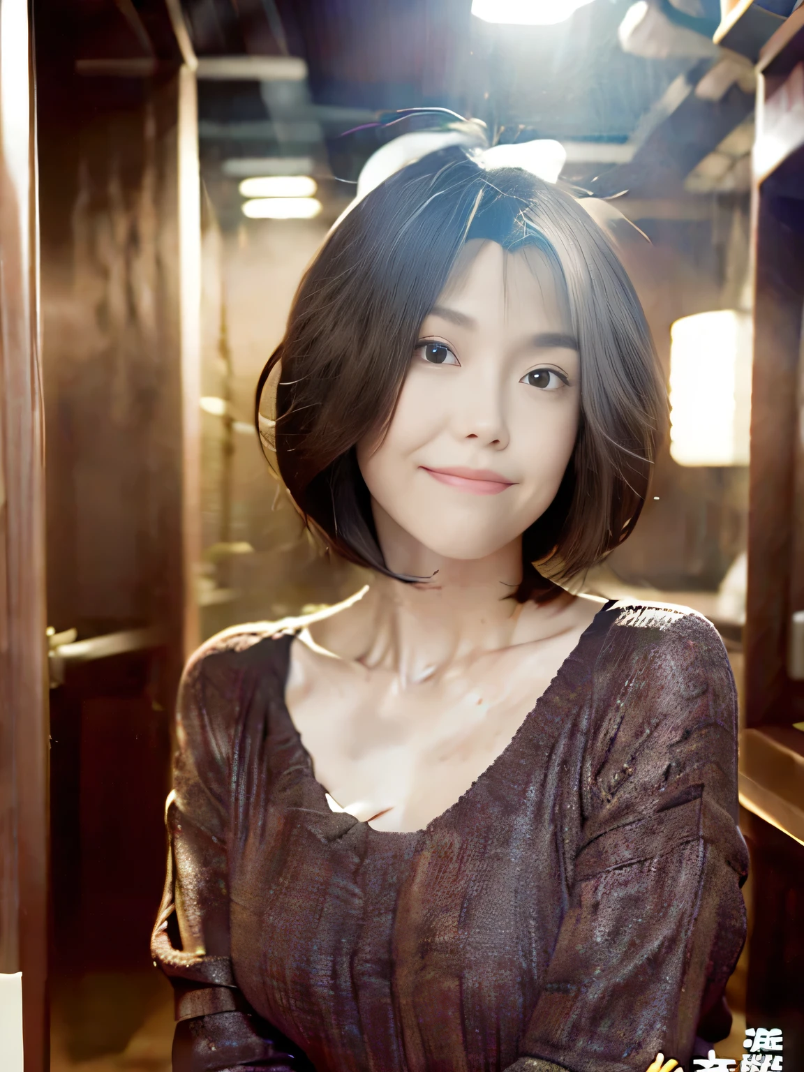 40-year-old Japanese woman、She had a short bob hairstyle、Close up of a sexy styled woman from the shoulders up。She is combing her hair with her fingers。The lighting illuminated her beautifully.、Creates a sensual and confident look。The background is soft and blurred、The focus is on her face and hair。