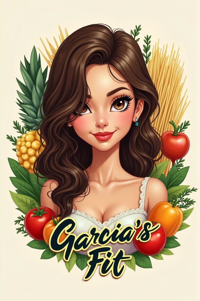 create an eye-catching and impactful realistic logo written on the logo (Garcia's Fit) That included a brunette girl in the image, vegetables, salad, pasta...!