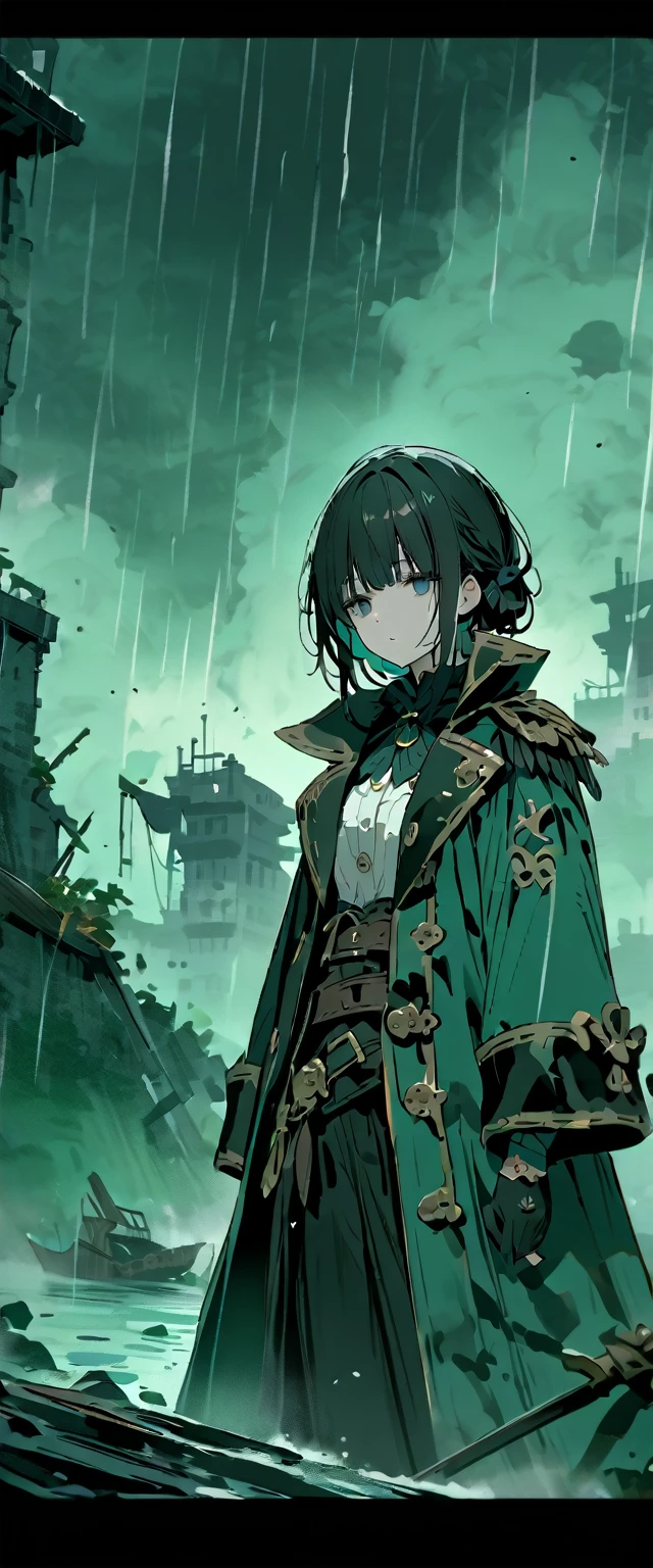 empty stare,short black hair,pirate,rain,4k,ruins,alone,cold colors,fog,pirate girl