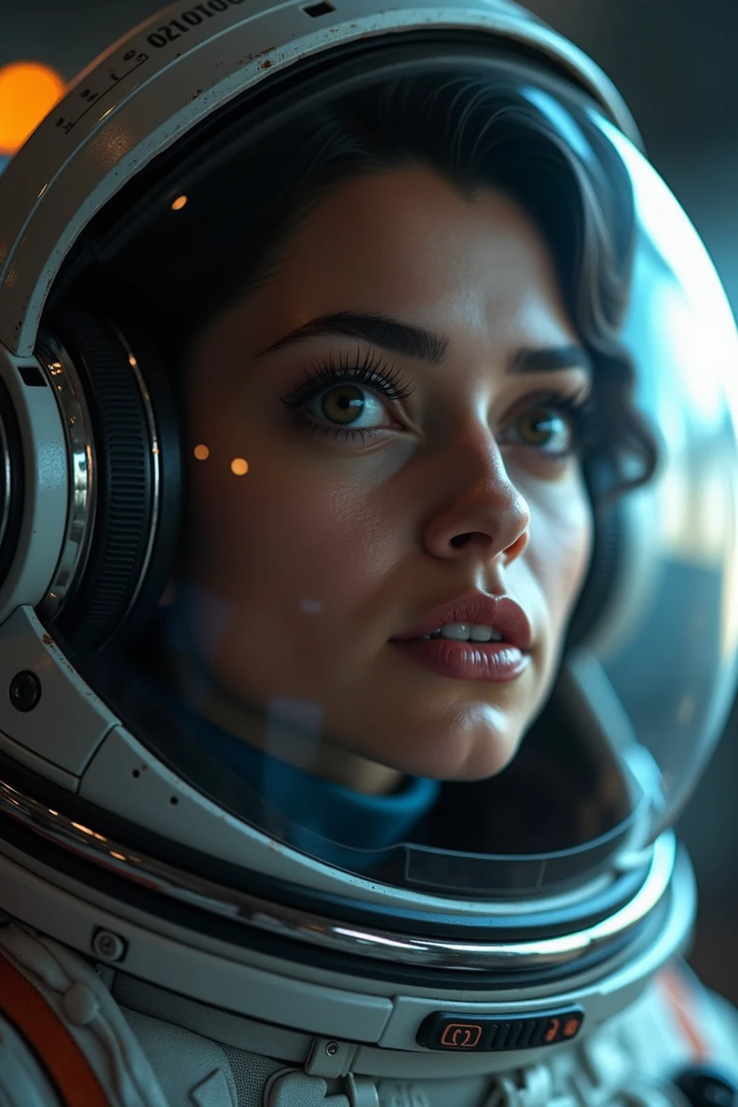 beautiful detailed eyes, beautiful detailed lips, extremely detailed eyes and face, long eyelashes, 1 woman, Arabian Moroccan woman, height 170 cm, weight 70 kg, medium body size, standing, NASA space suit, photorealistic, in other planet, advanced technology, futuristic environment, dramatic lighting, vivid colors, cinematic composition, intricate details, masterpiece, dark, full body view