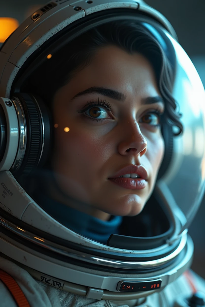 beautiful detailed eyes, beautiful detailed lips, extremely detailed eyes and face, long eyelashes, 1 woman, Arabian Moroccan woman, height 170 cm, weight 70 kg, medium body size, standing, NASA space suit, photorealistic, in other planet, advanced technology, futuristic environment, dramatic lighting, vivid colors, cinematic composition, intricate details, masterpiece, dark, full body view