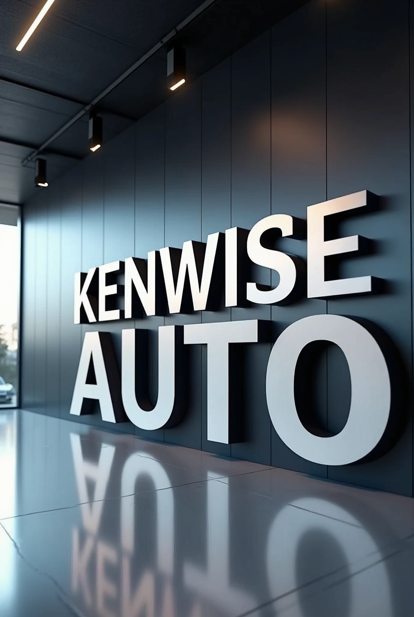 Create a beautiful and realistic large wall 3D logo for a digital car dealership brand , with name KENWISE AUTO