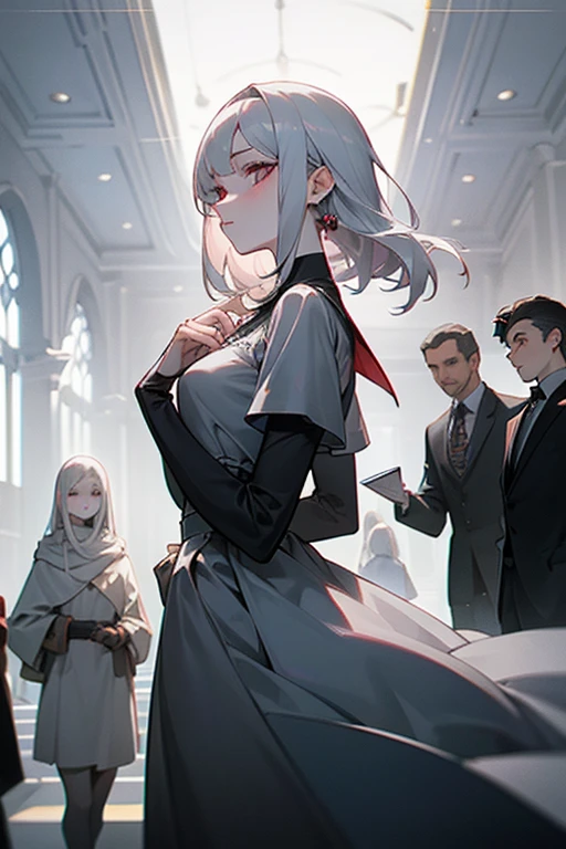 A woman, 19 years, silver hair, crimson eyes, Pale skin, Grey dress, elegant, the most popular girl in school, a little cold, distant with the boys, For some reason he only talks to me, a big family
