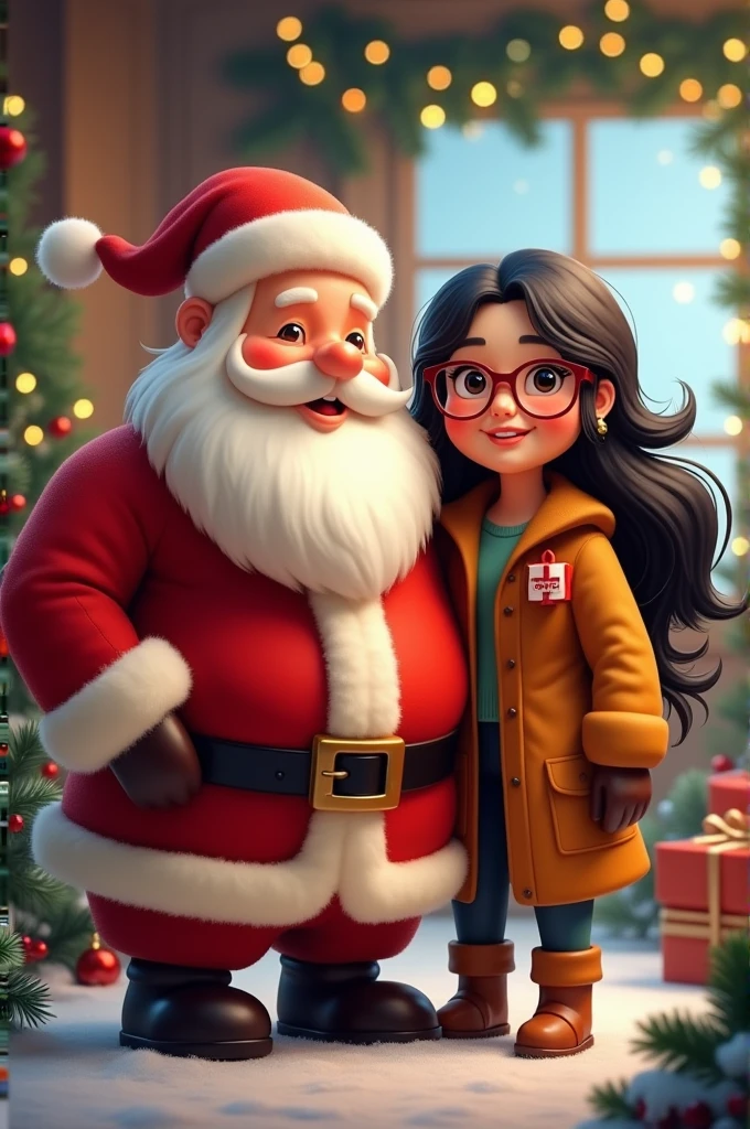 Santa Claus,plump woman,black hair, glasses