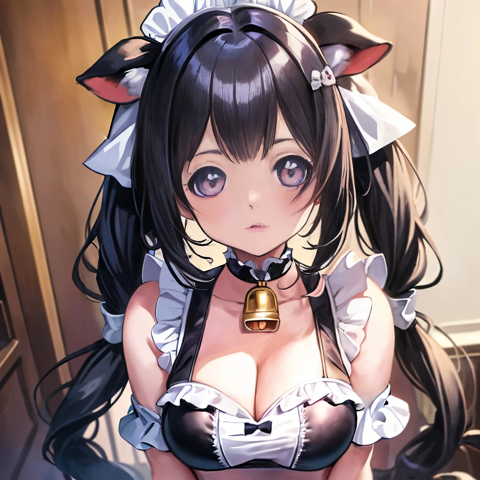 anime girl with a cowbell in her hand, anime cat girl in a maid costume, , hestia, anime girl with cow ears, cow tail, twin tails, drill hair, twin drill, white hair,