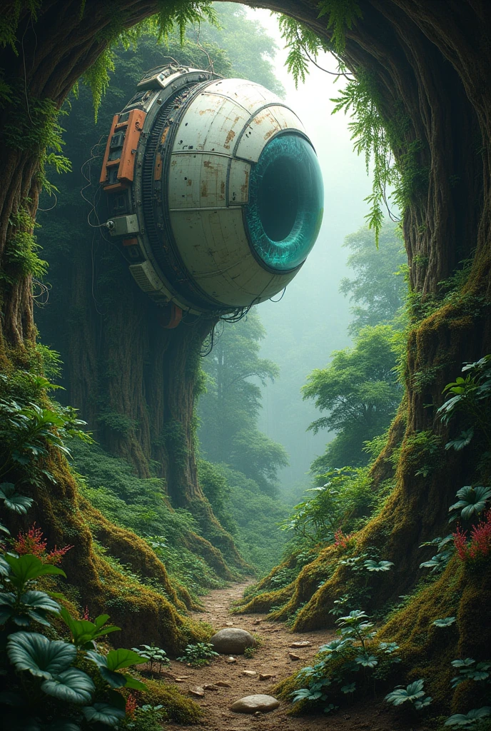 Deep natural forest inside of the robotic engineered eye, realistic painting 
